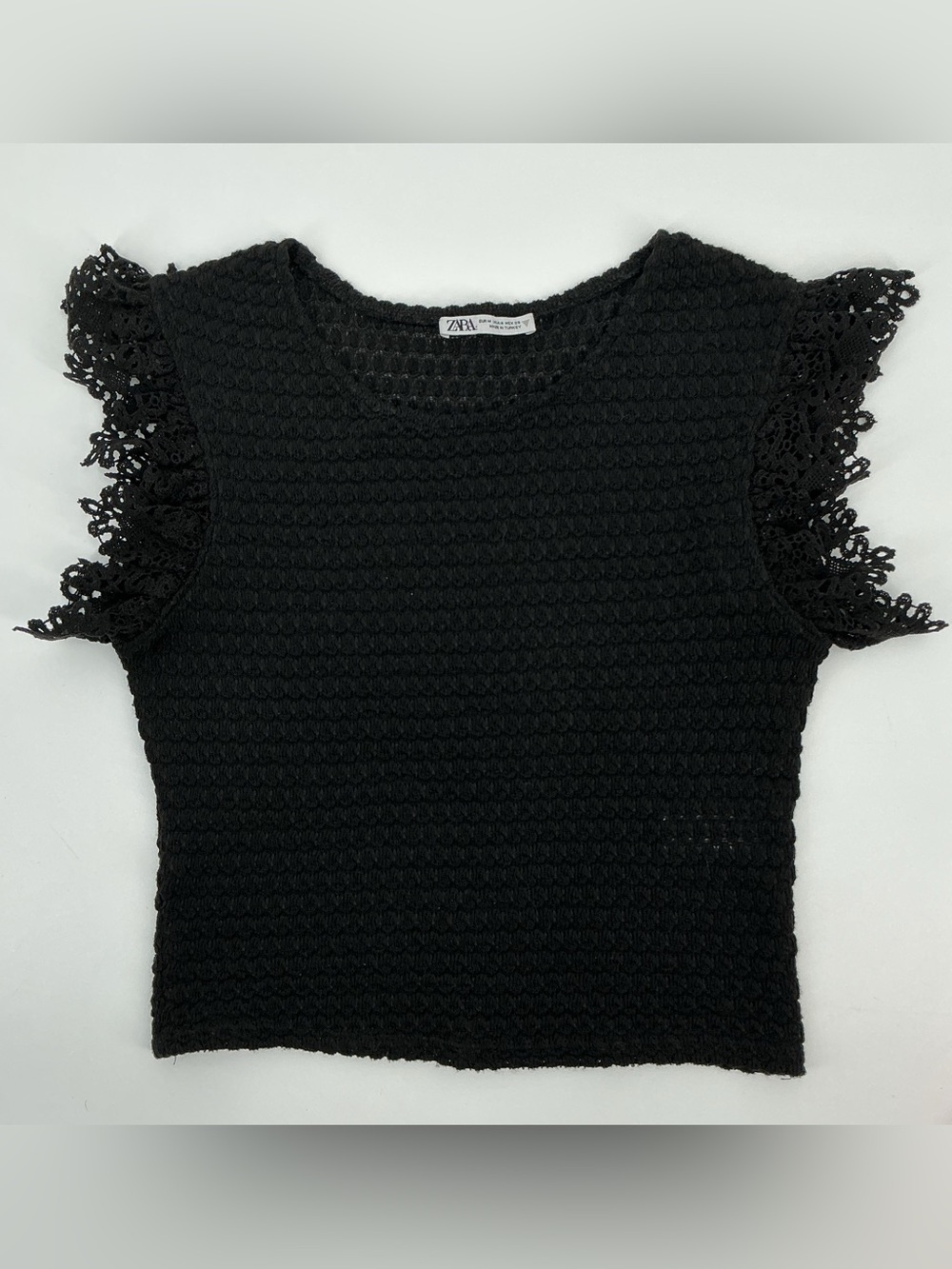 Zara Black Crochet Flutter Sleeve Crop Top - Picture 1 of 8